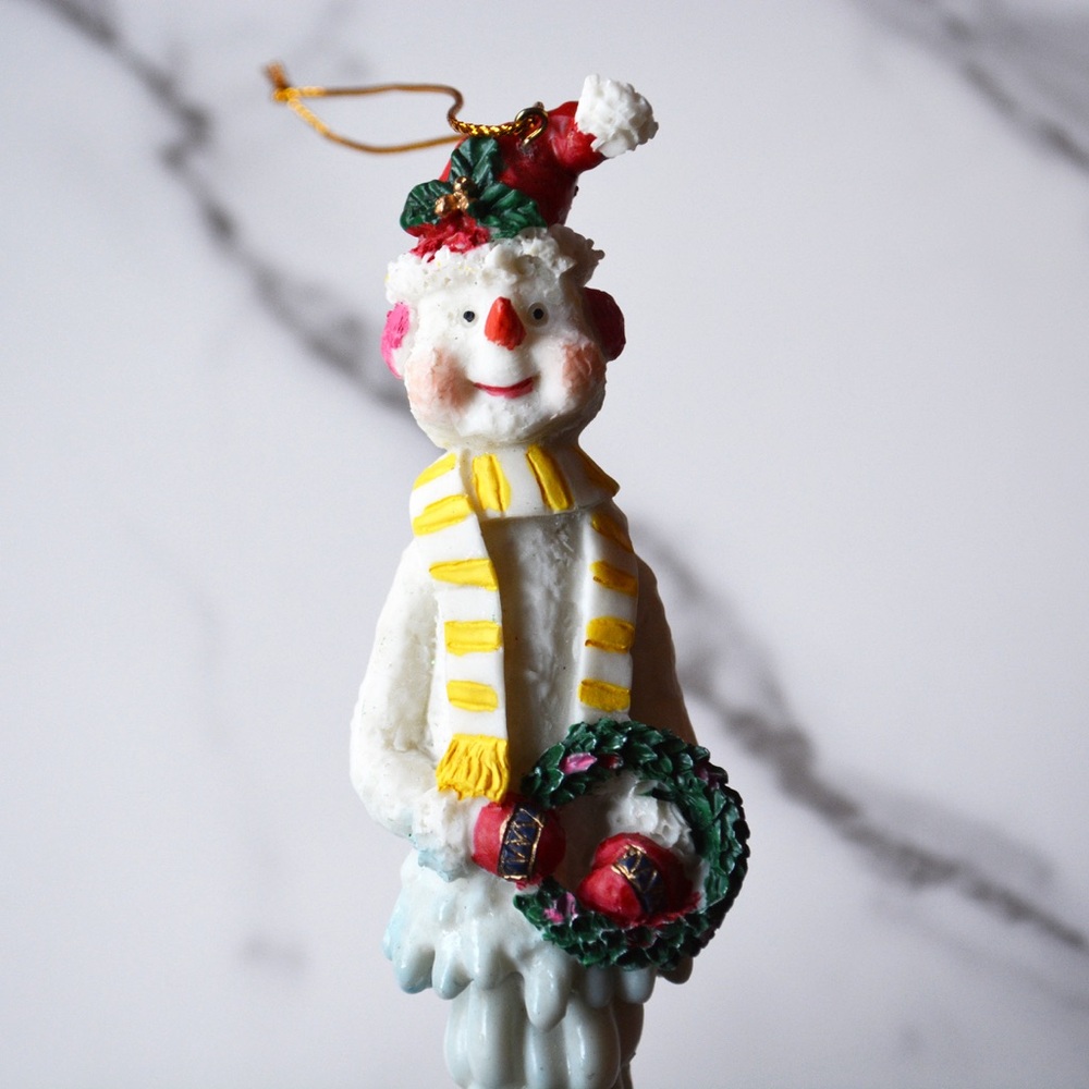 Vintage Christmas Ornament Frosty the Snowman with Yellow Scarf and Wreath